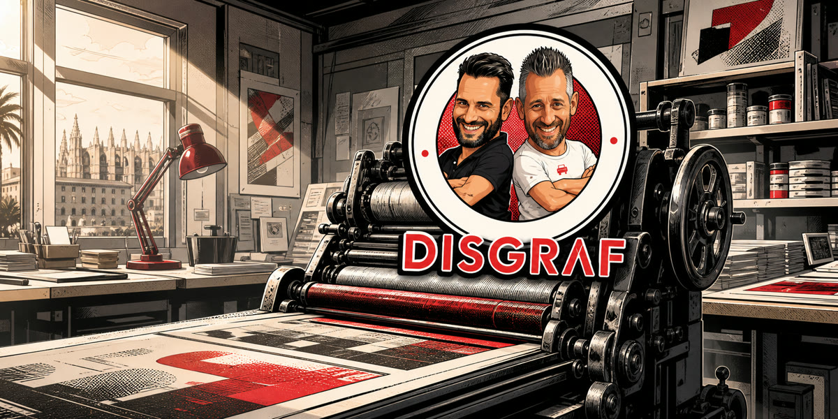 Ilustración estilo cómic de Imprenta Disgraf con máquina de imprenta y sello de negocio local de Mallorca