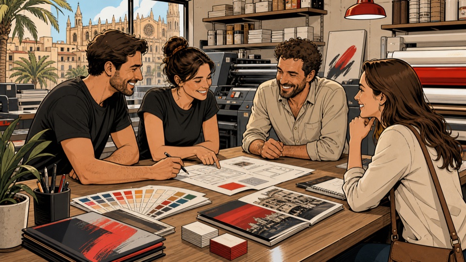 Equipo de Imprenta Disgraf preparando un presupuesto de imprenta en Palma con un cliente en un ambiente cercano y de confianza