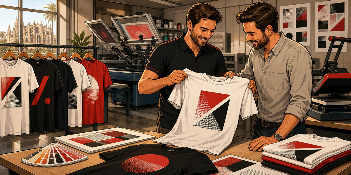 Ilustración estilo cómic de camisetas personalizadas preparadas en taller textil de imprenta en Mallorca