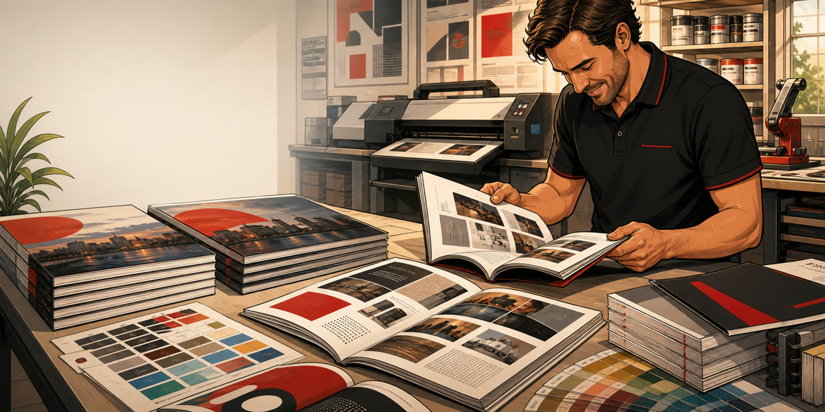 Ilustración estilo cómic de catálogos impresos, revistas y documentos multipágina en taller de imprenta