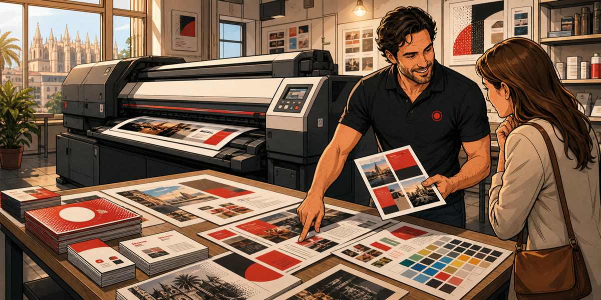 Ilustración estilo cómic de impresión digital con carteles, flyers y documentos comerciales en Palma