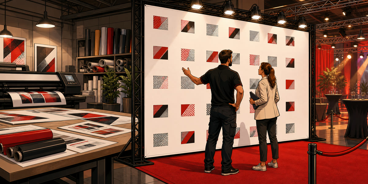 Ilustración estilo cómic de un photocall personalizado preparado para eventos en Mallorca