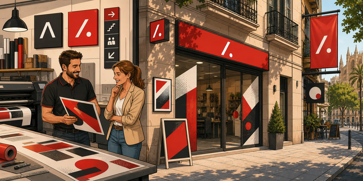 Ilustración estilo cómic de rótulos, vinilos de escaparate y señalética para negocios en Mallorca