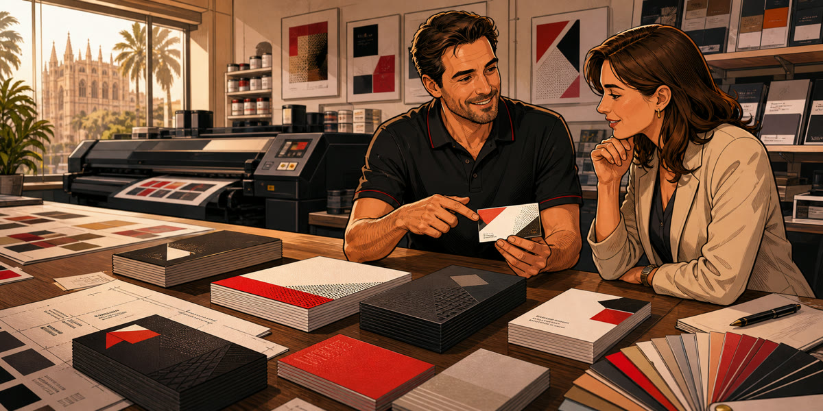 Ilustración estilo cómic de tarjetas de visita impresas con papeles y acabados en una imprenta de Palma
