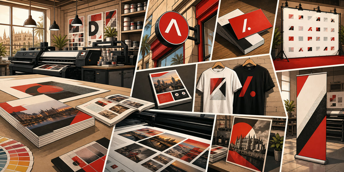 Mosaico estilo cómic con rótulos, tarjetas, catálogos, camisetas, photocall e impresión digital de Imprenta Disgraf